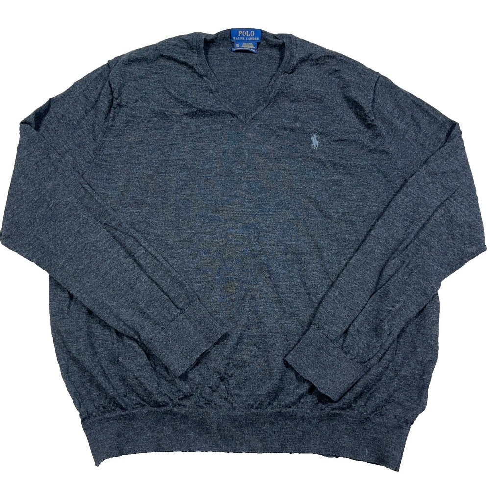 Polo Ralph Lauren Sweater Men XXL 2XL Gray Washable Merino Wool Knit V Neck